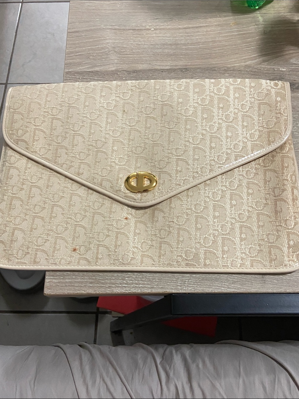 Vintage Dior Trotter Beige Envelope Clutch with Gold Snap Closure